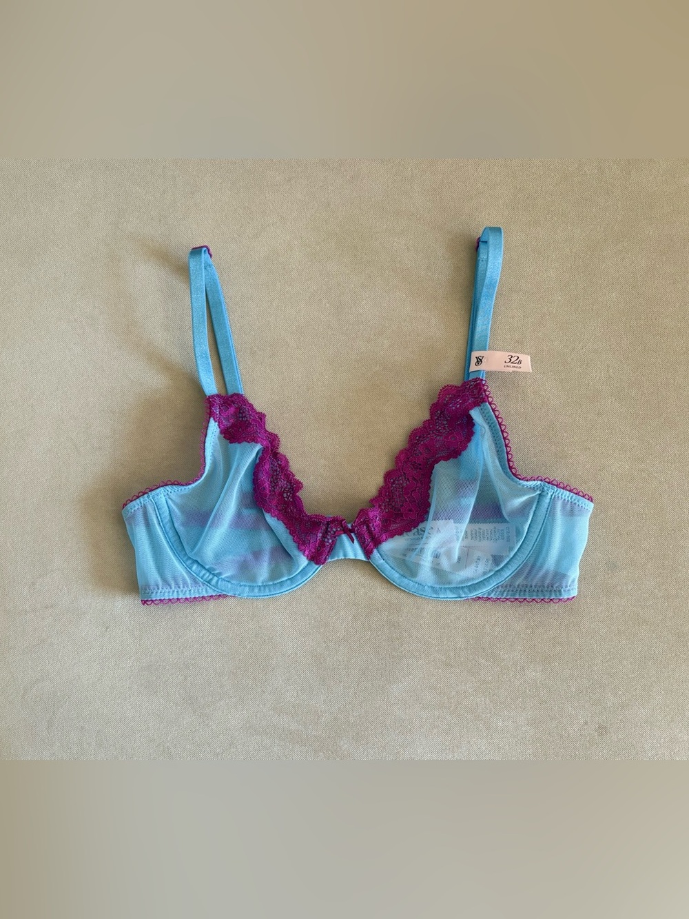 Victoria's Secret Aqua Sheer Bra with Fuchsia Lace Trim